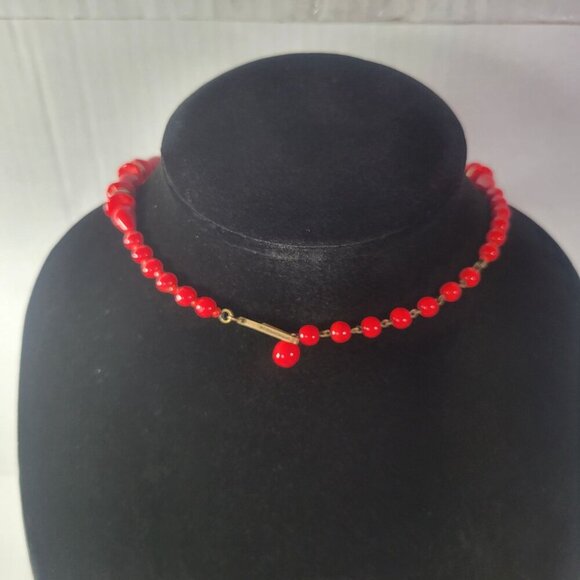 Vintage Western Germany Red Glass Beaded Necklace With Gold-Tone Accents - Picture 3 of 4